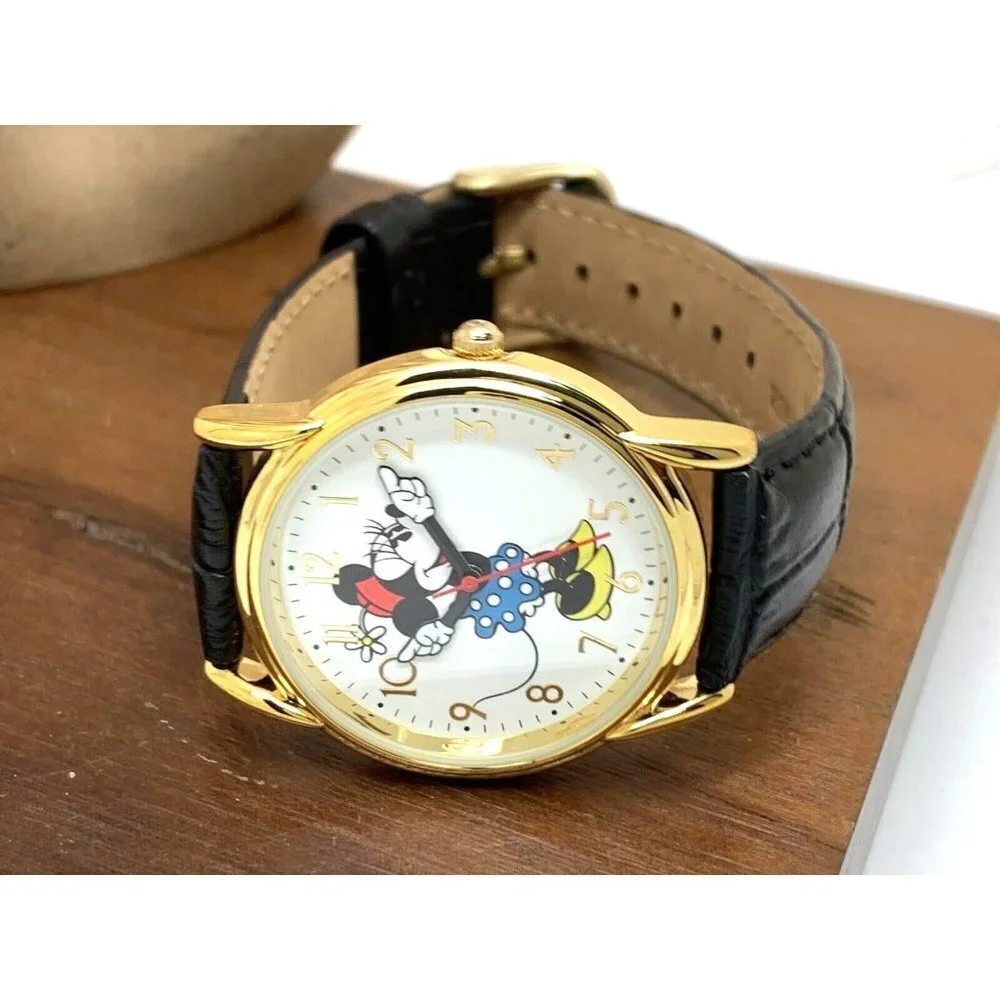 Disney Women's Watch Minnie Mouse WDS000410 Quartz Gold 35mm Black Leather Strap